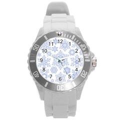 Snowflakes Blue White Cool Round Plastic Sport Watch (L)