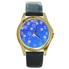 Winter Blue Snowflakes Rain Cool Round Gold Metal Watch by Mariart