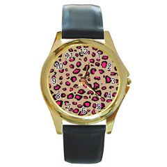Pink Leopard 2 Round Gold Metal Watch by TRENDYcouture