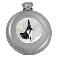 Cat Face Cute Black White Animals Round Hip Flask (5 Oz) by Mariart