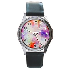 Watercolor Galaxy Purple Pattern Round Metal Watch by paulaoliveiradesign