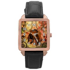 Steampunk, Steampunk Elephant With Clocks And Gears Rose Gold Leather Watch  by FantasyWorld7