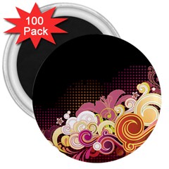 Flower Back Leaf Polka Dots Black Pink 3  Magnets (100 Pack)