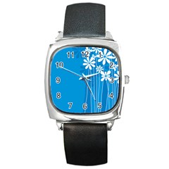 Flower Blue Square Metal Watch by Mariart