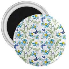 Flower Blue Butterfly Leaf Green 3  Magnets