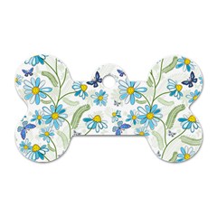 Flower Blue Butterfly Leaf Green Dog Tag Bone (two Sides) by Mariart