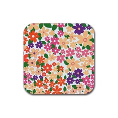 Flower Floral Rainbow Rose Rubber Coaster (square)  by Mariart