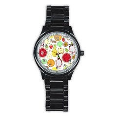 Mango Fruit Pieces Watermelon Dragon Passion Fruit Apple Strawberry Pineapple Melon Stainless Steel Round Watch by Mariart