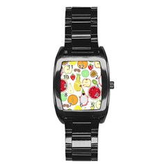 Mango Fruit Pieces Watermelon Dragon Passion Fruit Apple Strawberry Pineapple Melon Stainless Steel Barrel Watch by Mariart