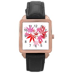 Marijuana Cannabis Rainbow Pink Love Heart Rose Gold Leather Watch 