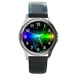 Space Galaxy Green Blue Black Spot Light Neon Rainbow Round Metal Watch