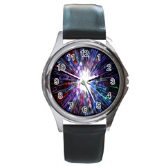 Seamless Animation Of Abstract Colorful Laser Light And Fireworks Rainbow Round Metal Watch by Mariart