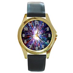 Seamless Animation Of Abstract Colorful Laser Light And Fireworks Rainbow Round Gold Metal Watch by Mariart