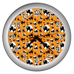 Pattern Halloween Black Cat Hissing Wall Clocks (silver) 