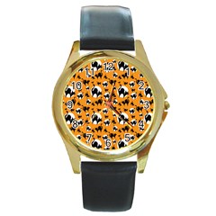 Pattern Halloween Black Cat Hissing Round Gold Metal Watch