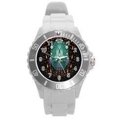 Temple Of Yoga In Light Peace And Human Namaste Style Round Plastic Sport Watch (l) by pepitasart