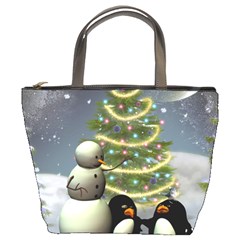 Funny Snowman With Penguin And Christmas Tree Bucket Bags by FantasyWorld7