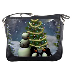 Funny Snowman With Penguin And Christmas Tree Messenger Bags by FantasyWorld7