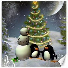 Funny Snowman With Penguin And Christmas Tree Canvas 16  X 16   by FantasyWorld7