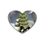 Funny Snowman With Penguin And Christmas Tree Rubber Coaster (Heart)  Front