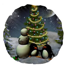 Funny Snowman With Penguin And Christmas Tree Large 18  Premium Flano Round Cushions by FantasyWorld7