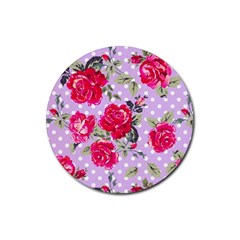 Shabby Chic,pink,roses,polka Dots Rubber Round Coaster (4 Pack)  by NouveauDesign