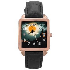 Halloween landscape Rose Gold Leather Watch 