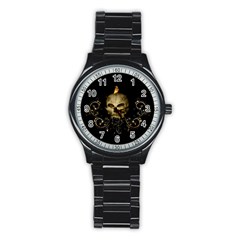 Golden Skull With Crow And Floral Elements Stainless Steel Round Watch by FantasyWorld7