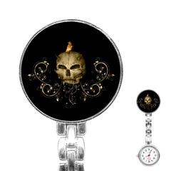 Golden Skull With Crow And Floral Elements Stainless Steel Nurses Watch by FantasyWorld7