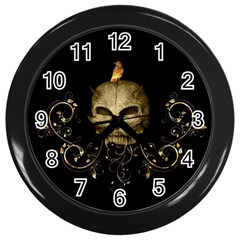 Golden Skull With Crow And Floral Elements Wall Clocks (black)