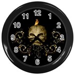 Golden Skull With Crow And Floral Elements Wall Clocks (Black) Front