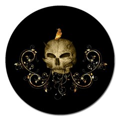 Golden Skull With Crow And Floral Elements Magnet 5  (round) by FantasyWorld7
