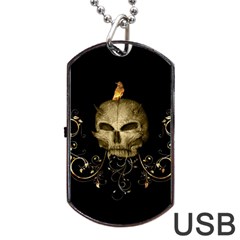 Golden Skull With Crow And Floral Elements Dog Tag Usb Flash (one Side) by FantasyWorld7