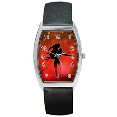 Dancing Couple On Red Background With Flowers And Hearts Barrel Style Metal Watch by FantasyWorld7