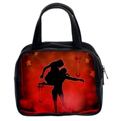Dancing Couple On Red Background With Flowers And Hearts Classic Handbags (2 Sides) by FantasyWorld7