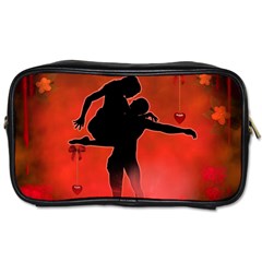 Dancing Couple On Red Background With Flowers And Hearts Toiletries Bags by FantasyWorld7