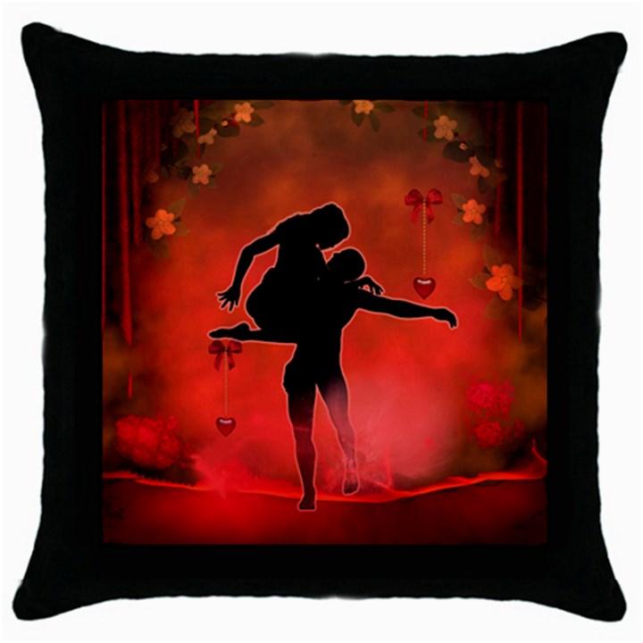 Dancing Couple On Red Background With Flowers And Hearts Throw Pillow Case (Black)