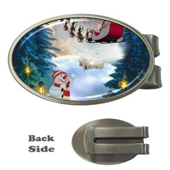 Christmas, Snowman With Santa Claus And Reindeer Money Clips (oval)  by FantasyWorld7