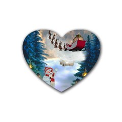 Christmas, Snowman With Santa Claus And Reindeer Rubber Coaster (heart)  by FantasyWorld7