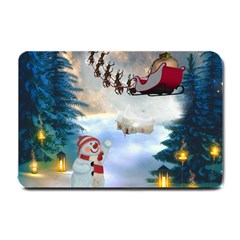 Christmas, Snowman With Santa Claus And Reindeer Small Doormat  by FantasyWorld7