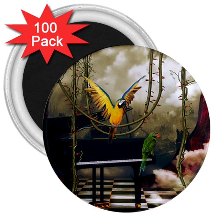 Funny Parrots In A Fantasy World 3  Magnets (100 pack)