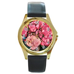 Beautiful Peonies Round Gold Metal Watch by NouveauDesign