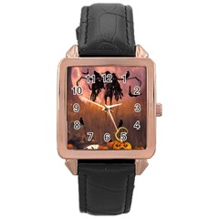 Halloween Design With Scarecrow, Crow And Pumpkin Rose Gold Leather Watch  by FantasyWorld7