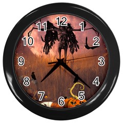 Halloween Design With Scarecrow, Crow And Pumpkin Wall Clocks (black) by FantasyWorld7