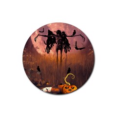 Halloween Design With Scarecrow, Crow And Pumpkin Rubber Coaster (round)  by FantasyWorld7