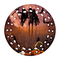 Halloween Design With Scarecrow, Crow And Pumpkin Round Filigree Ornament (two Sides) by FantasyWorld7