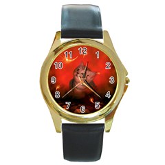 Cute Little Kitten, Red Background Round Gold Metal Watch