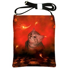 Cute Little Kitten, Red Background Shoulder Sling Bags by FantasyWorld7