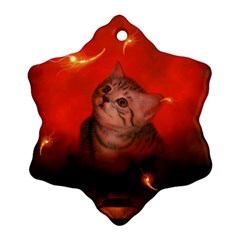Cute Little Kitten, Red Background Snowflake Ornament (two Sides) by FantasyWorld7