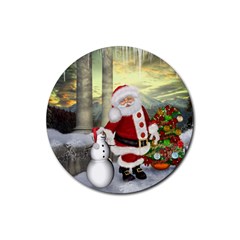 Sanata Claus With Snowman And Christmas Tree Rubber Coaster (round)  by FantasyWorld7